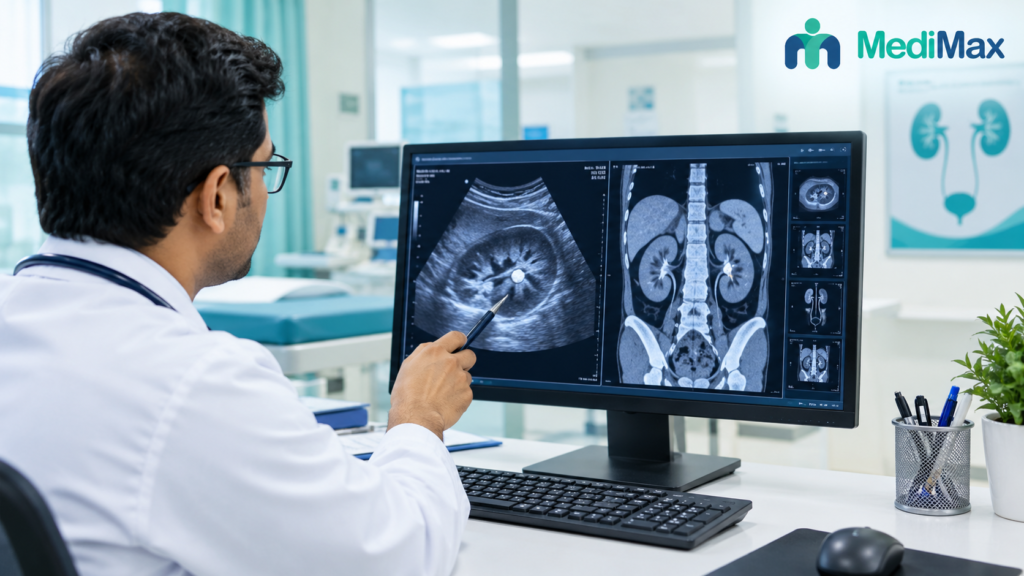 Kidney stone diagnosis using ultrasound and CT scan at MediMax Hospital in Varanasi