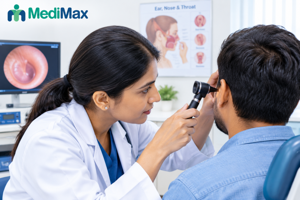 ENT doctor examining a patient's ear with an otoscope at MediMax Hospital in Varanasi